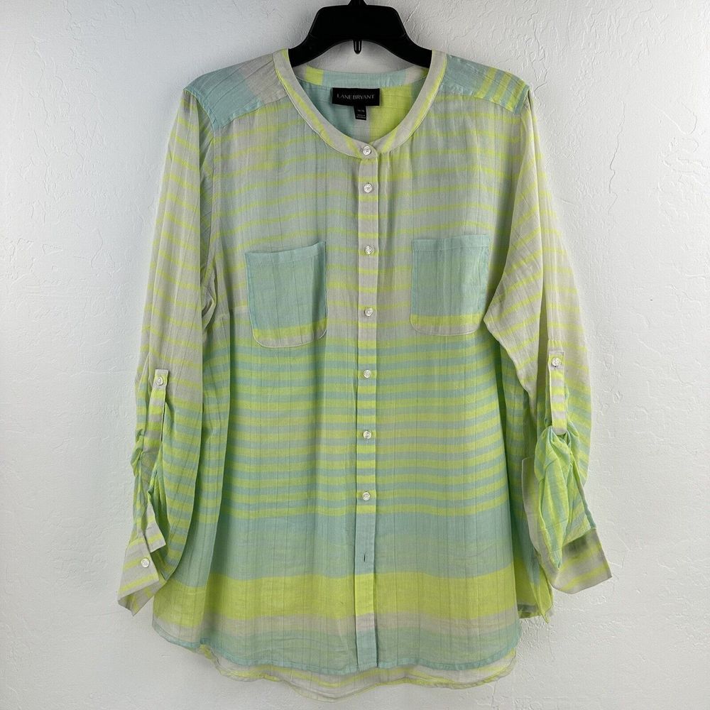 Lane Bryant Pastel Shirt 14/16 Yellow Teal Roll Tab Sleeve‎ Sheer Spring Light